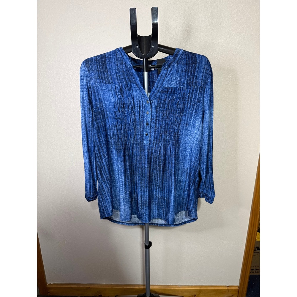 Westport Blue Denim Print Pintuck Blouse Womens Large Long Sleeve Split Neck Top